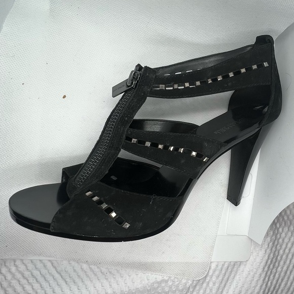MICHAEL Michael Kors Shoes - Michael Kors Womens Black Studded Stretch Front Zip Strappy Heels Size 6M